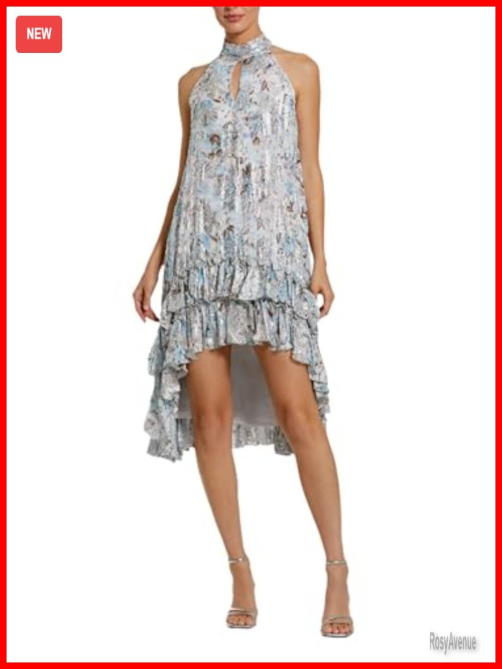 Metallic Floral Chiffon High Neck Keyhole A-Line High-Low Ruffle Mini Dress